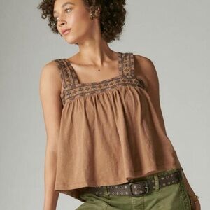 NWT Lucky Brand Boho Flowy Embroidered Square Neck Tank Tan Color Size Medium